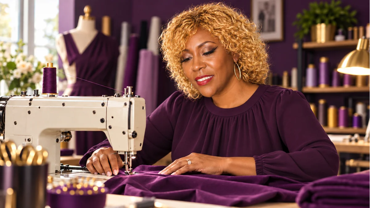 Darlene Fields (Mrs. D) sewing a garment at a sewing machine.