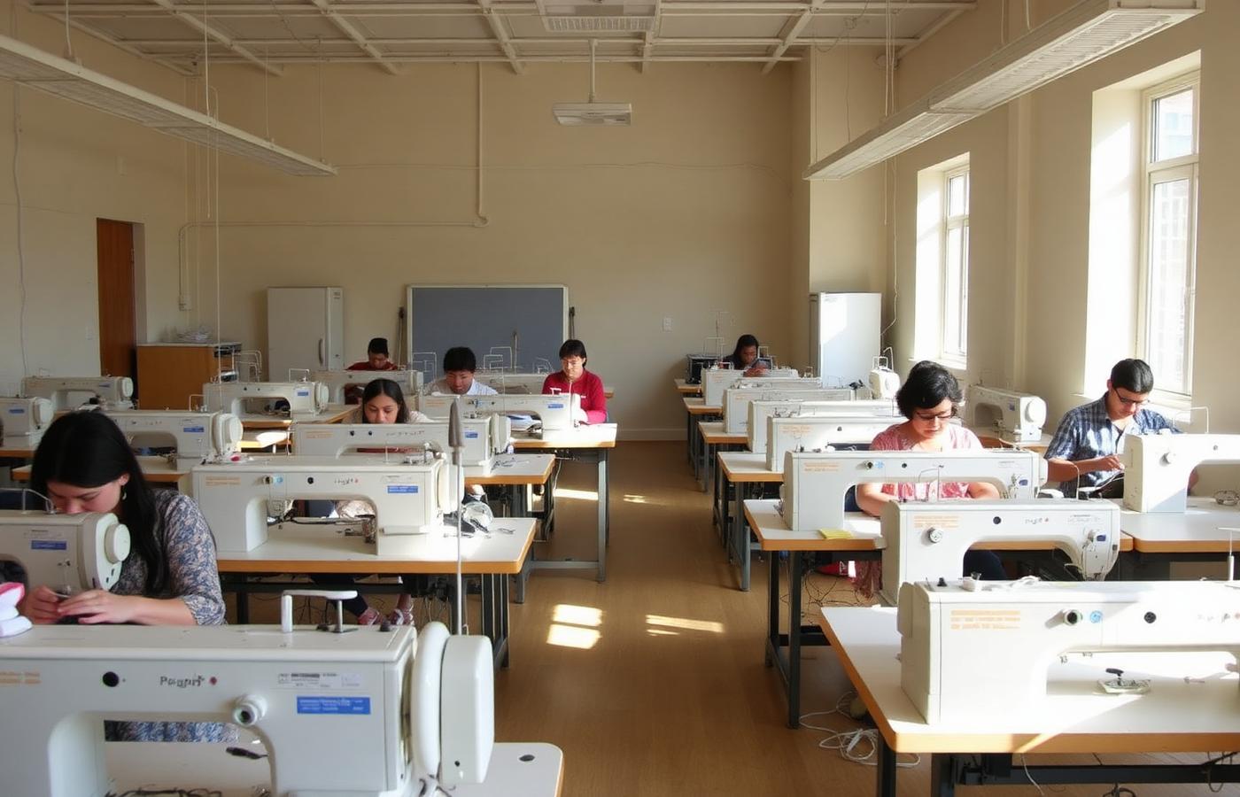 Sewing training studio with rows of machines